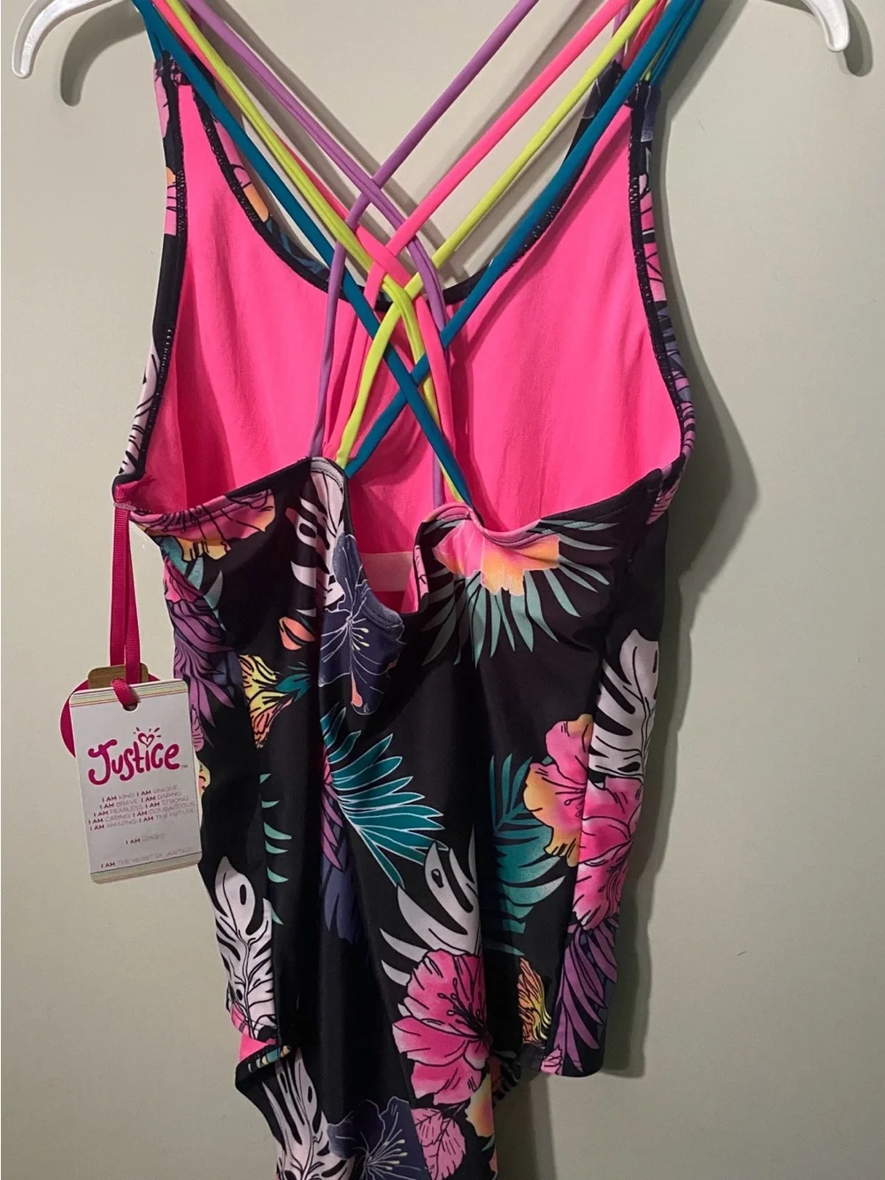 Justice Black One-Piece Swimsuit with Pink, Teal & Yellow Tropical Print NWT